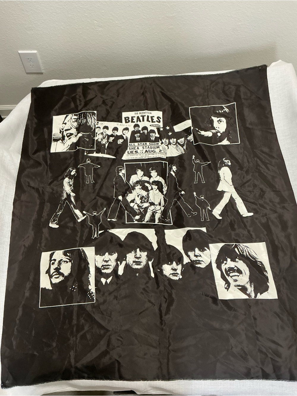 Vintage The Beatles Black Fabric wall Hanging Tapestry Banner Shea Stadium Graph
